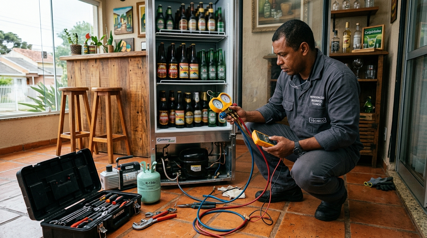 Técnico realizando manutenção de motor de cervejeira em Ponta Grossa‑PR