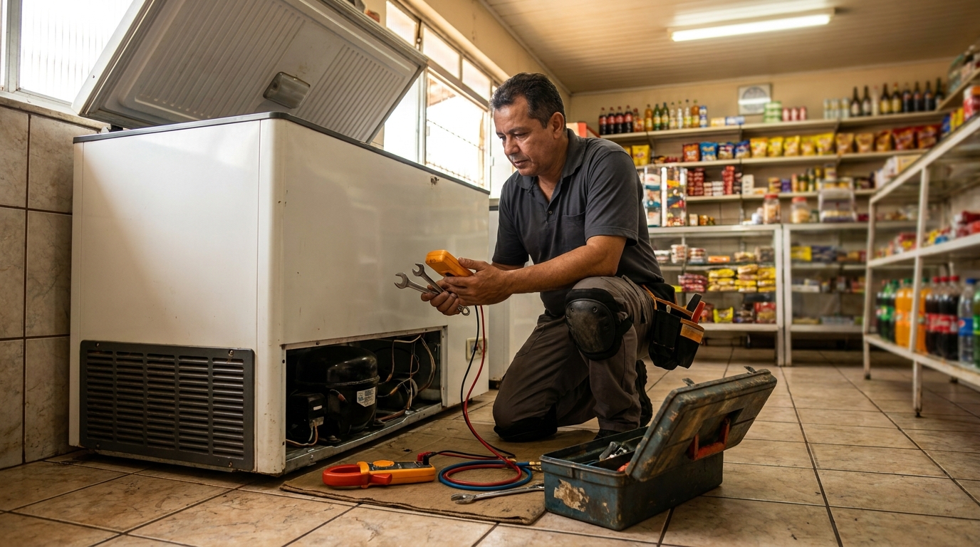 Técnico realizando manutenção de motor de freezer em Ponta Grossa‑PR