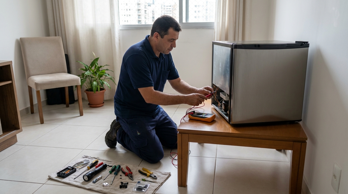 Técnico realizando manutenção de motor de frigobar em Ponta Grossa‑PR