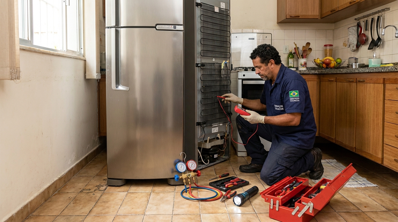 Técnico realizando manutenção de motor de geladeira em Ponta Grossa‑PR