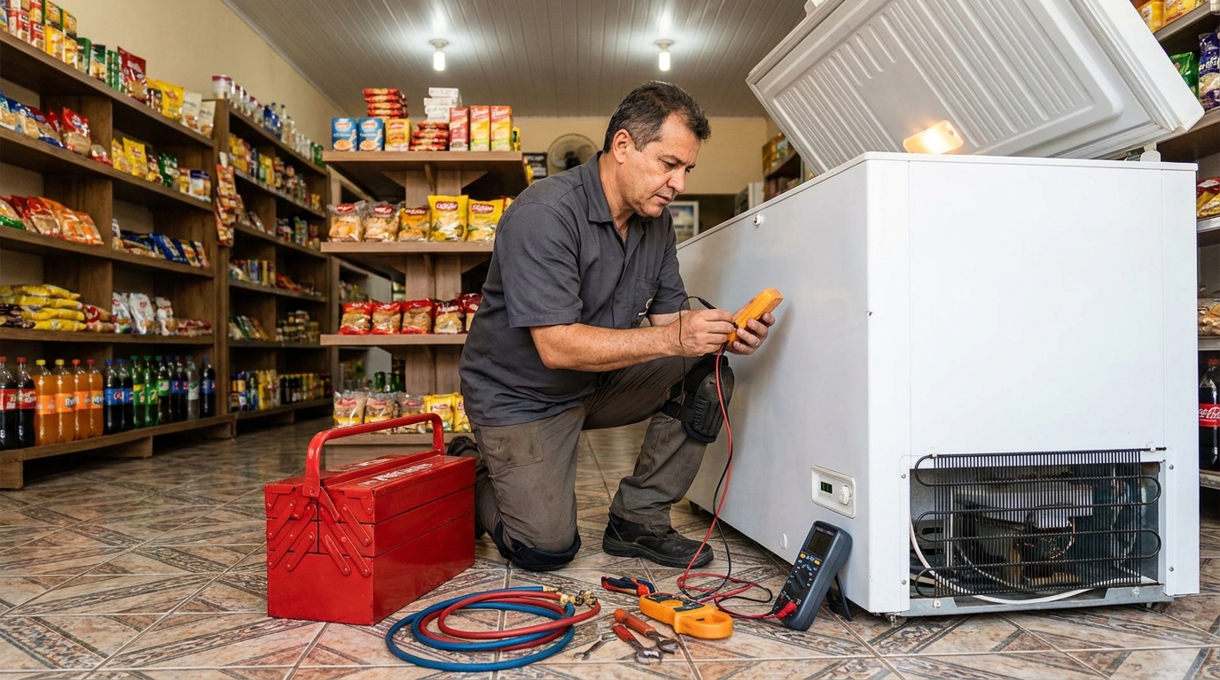 Recarga de gás refrigerante em freezer em atendimento em Ponta Grossa‑PR